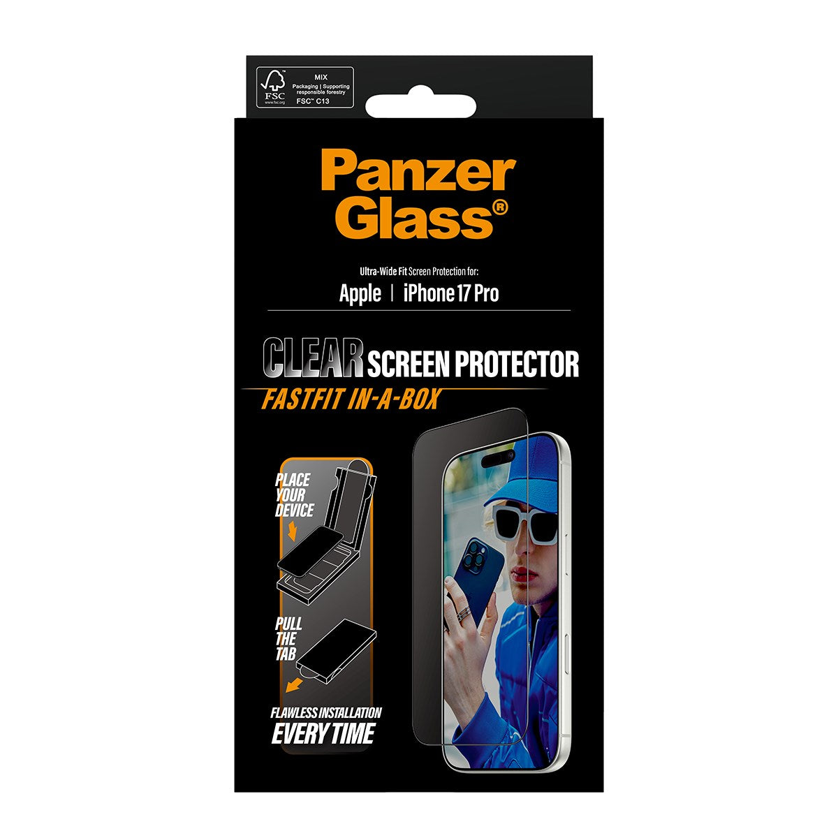 PanzerGlass® Skærmbeskyttelse iPhone 17 Pro | Ultra-Wide Fit m. FASTFIT IN-A-BOX